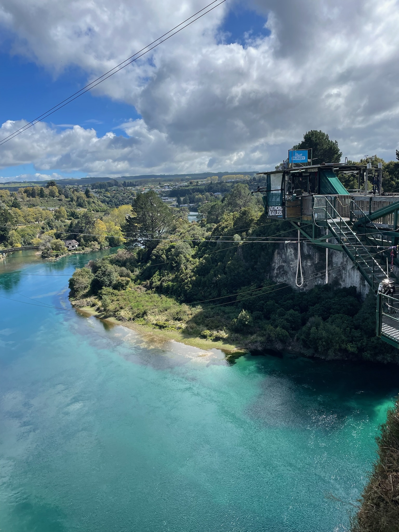 The AJ Hackett bungee platform above the turquoise Waikato River in Taupo