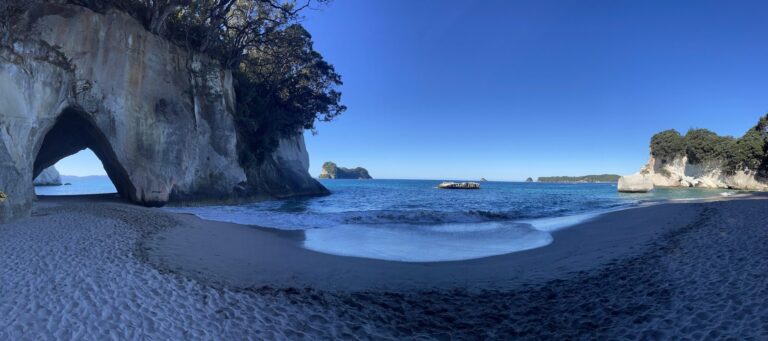 The Cathedral Cove rock arch on the Coromandel, our first stop on New Zealand's North Island in 10 days