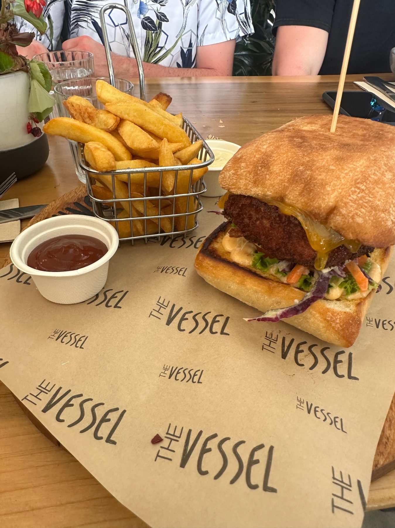 A burger and fries at The Vessel in Cooks Beach