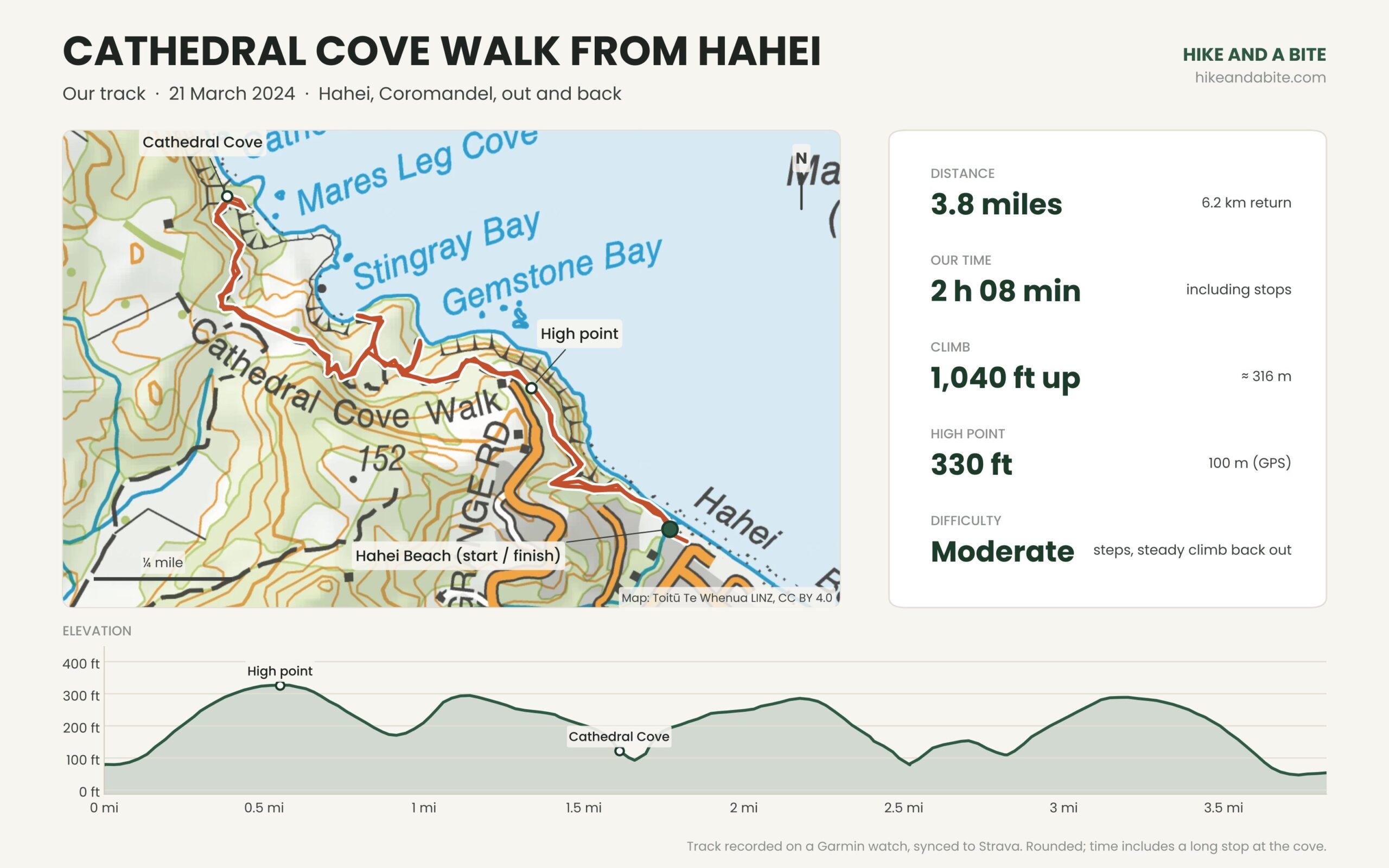 Route map and elevation profile of our Cathedral Cove walk from Hahei Beach: 3.8 miles return with about 1,040 ft of climbing