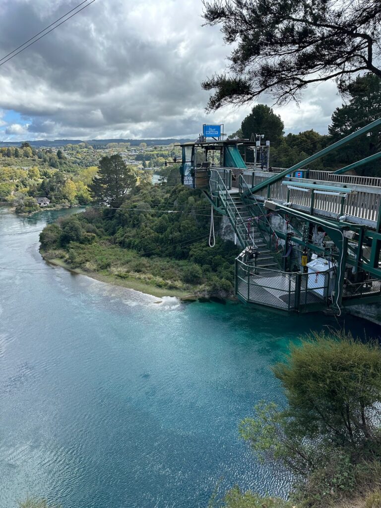 The AJ Hackett bungee platform jutting out over the Waikato River in Taupo