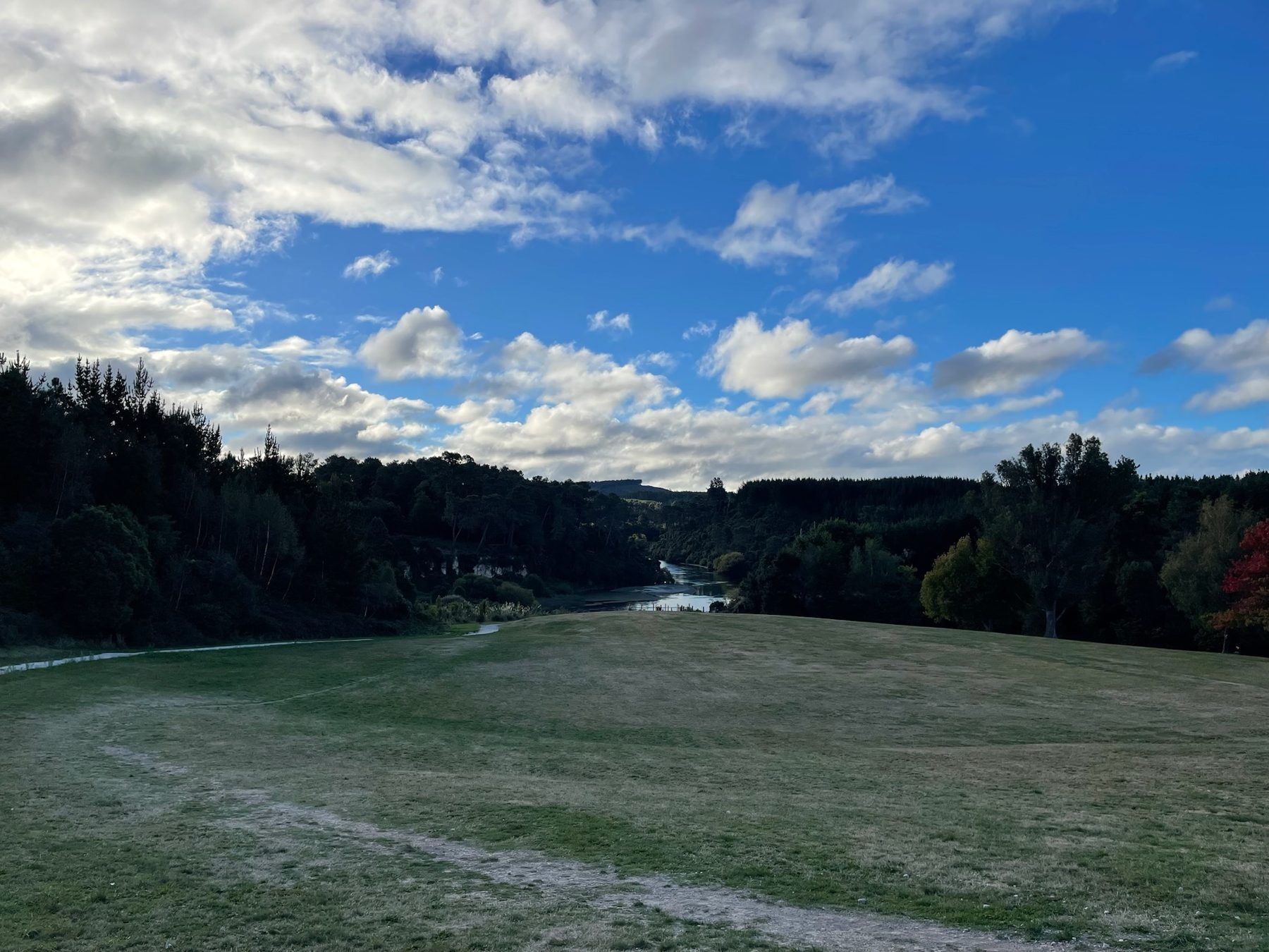 The open meadow at Spa Park, start and finish of the Huka Falls walk